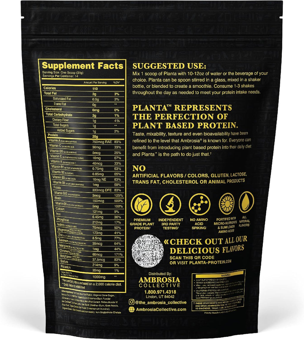 Ambrosia Planta - Premium Organic Plant-Based Protein | Vegan & Keto Friendly | Gourmet Flavors with No Bloating or Stomach Upset | Gluten & Soy Free | No Added Sugar | 14 Servings | (Cinnamon Roll)
