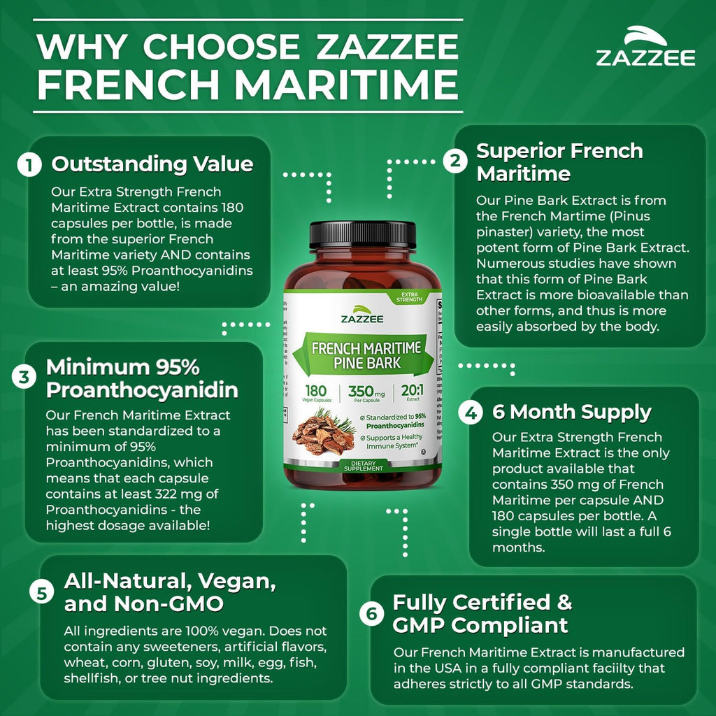 Zazzee Extra Strength French Maritime Pine Bark 20:1 Extract, 350 mg Per Capsule, 180 Vegan Capsules, 95% Proanthocyanidins, Kosher, 6 Month Supply, Standardized 20X Extract, Non-GMO, Made in The USA