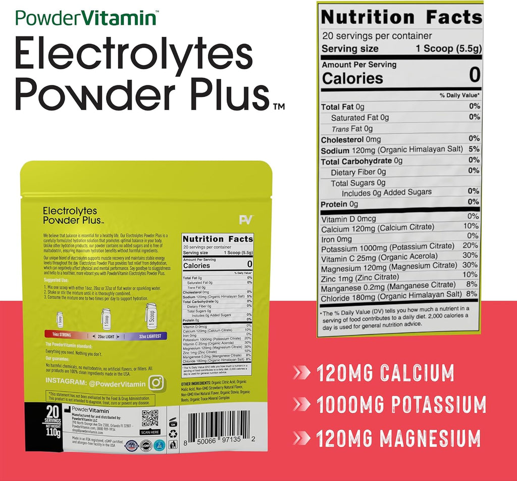 PowderVitamin Electrolytes Powder Plus (20 Servings) Strawberry Kiwi Electrolyte Powder Zero Calorie Keto,0 Sugar,No Maltodextrin,1000mg Potassium,120mg Calcium,120mg Magnesium, Pink Himalayan Salt
