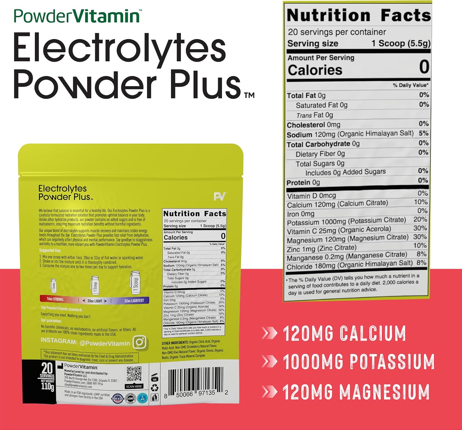 PowderVitamin Electrolytes Powder Plus (20 Servings) Strawberry Kiwi Electrolyte Powder Zero Calorie Keto,0 Sugar,No Maltodextrin,1000mg Potassium,120mg Calcium,120mg Magnesium, Pink Himalayan Salt