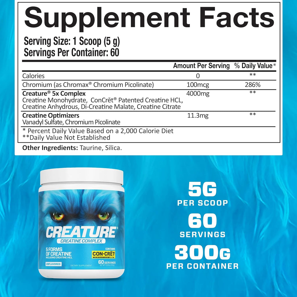 CREATURE® Creatine Complex - Creatine Monohydrate Powder with 5 Types of Creatine Including Con-Crēt® Creatine HCL, Promotes Muscle, Strength, Endurance, Brain Health, Unflavored, 300g, Pack of 2