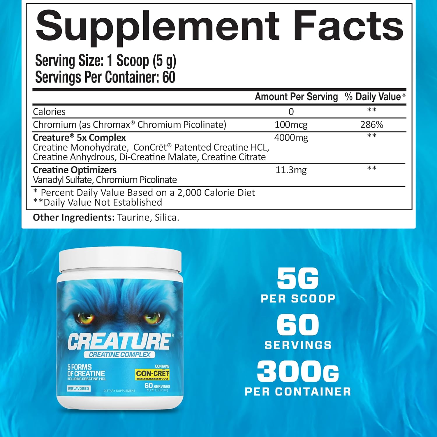CREATURE® Creatine Complex - Creatine Monohydrate Powder with 5 Types of Creatine Including Con-Crēt® Creatine HCL, Promotes Muscle, Strength, Endurance, Brain Health, Unflavored, 300g, Pack of 2