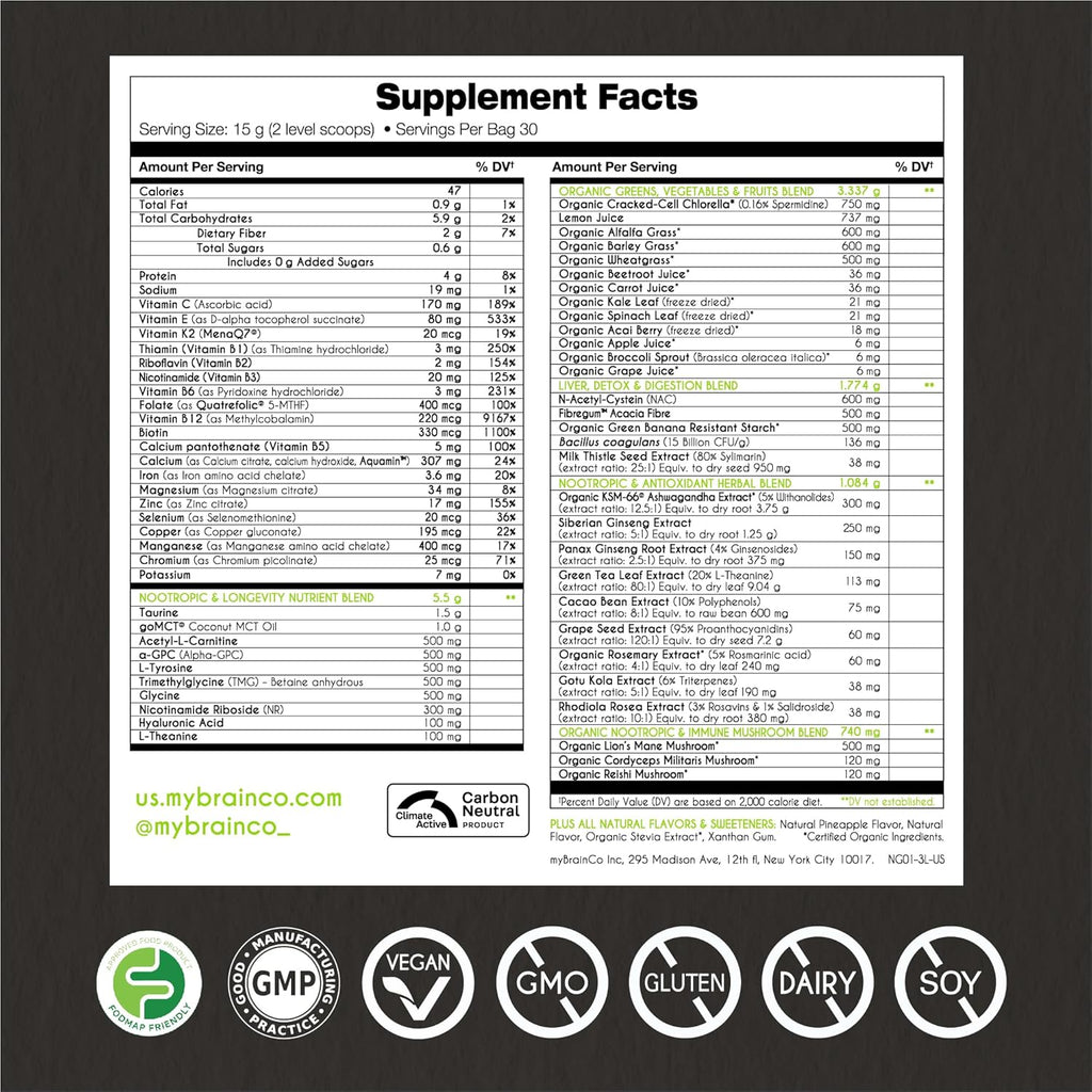 Nootropic Greens - Premium All-in-One Body, Brain & Longevity Optimization Nutrition. Organic Greens & Superfoods, Alpha-GPC, L-Theanine, Lion’s Mane, TMG, NR, NAC & More. (7.94 oz)