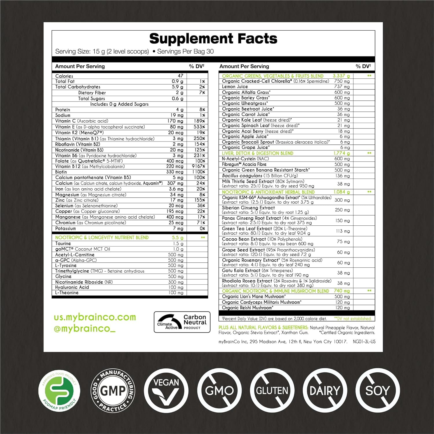 Nootropic Greens - Premium All-in-One Body, Brain & Longevity Optimization Nutrition. Organic Greens & Superfoods, Alpha-GPC, L-Theanine, Lion’s Mane, TMG, NR, NAC & More. (7.94 oz)