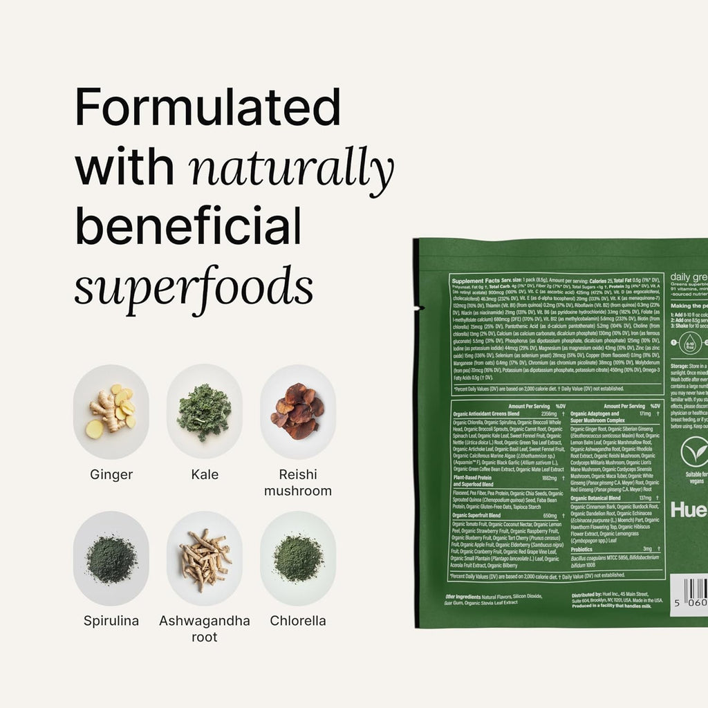 Huel Daily Greens Single Serve Lemon and Ginger | Superfood Greens Powder | 91 Vitamins, Minerals, and Wholefood-Sourced Ingredients | Adaptogens, Antioxidants, Gut-Friendly Probiotics | 12 Pack