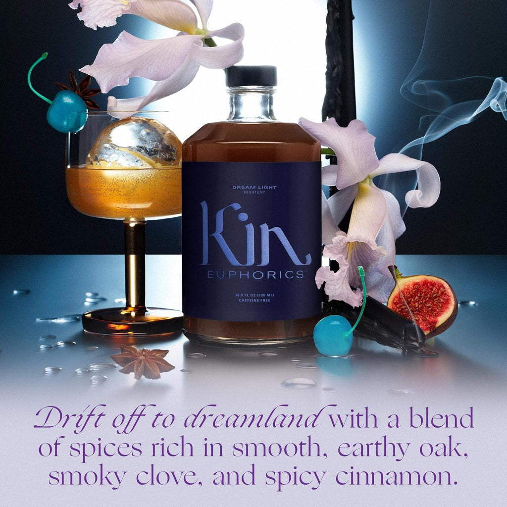 Kin Euphorics Dream Light Non-Alcoholic Soothing Serenity | Adaptogens & Botanicals for Restful Sleep | Reishi Mushroom, L-Theanine, Melatonin | Earthy Oak, Smoky Clove, Spicy Cinnamon | 16.9 fl oz