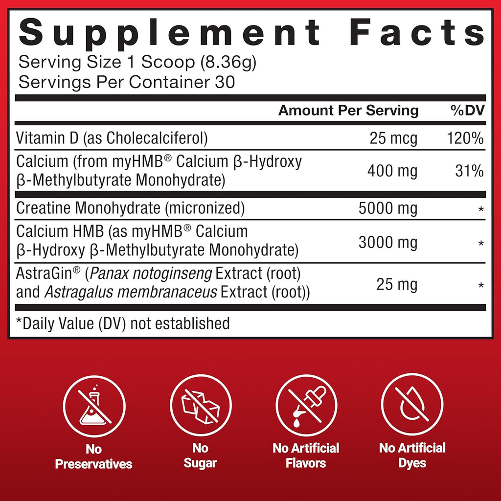 Force Factor Creatine HMB Powder, 5g Creatine Monohydrate + 3g myHMB for Muscle Growth, Strength, Energy & Recovery, with AstraGin for Enhanced Absorption, Unflavored, 30 Servings
