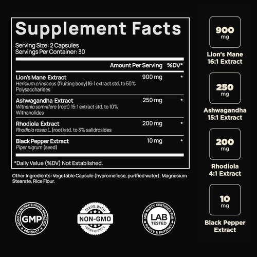 20,000mg 16x Strength Lions Mane Supplement Capsules Super Nootropic w. Ashwagandha & Rhodiola - Highest Potency Lion's Mane Mushroom Extract 50% Polysaccharides Brain Supplements for Memory and Focus