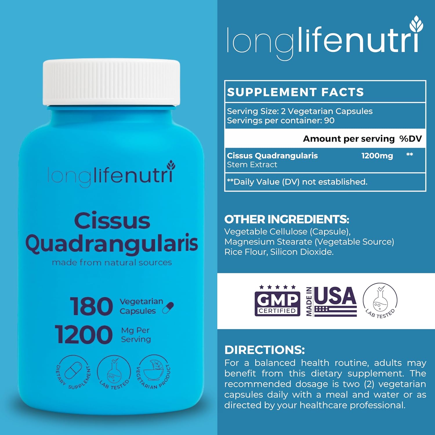 Cissus Quadrangularis 1200mg - 180 Vegetarian Capsules, Stem Extract for Joint Comfort, Bone Strength & Active Mobility, High Potency Formula, 3-Month Supply, GMP Certified, Made in USA