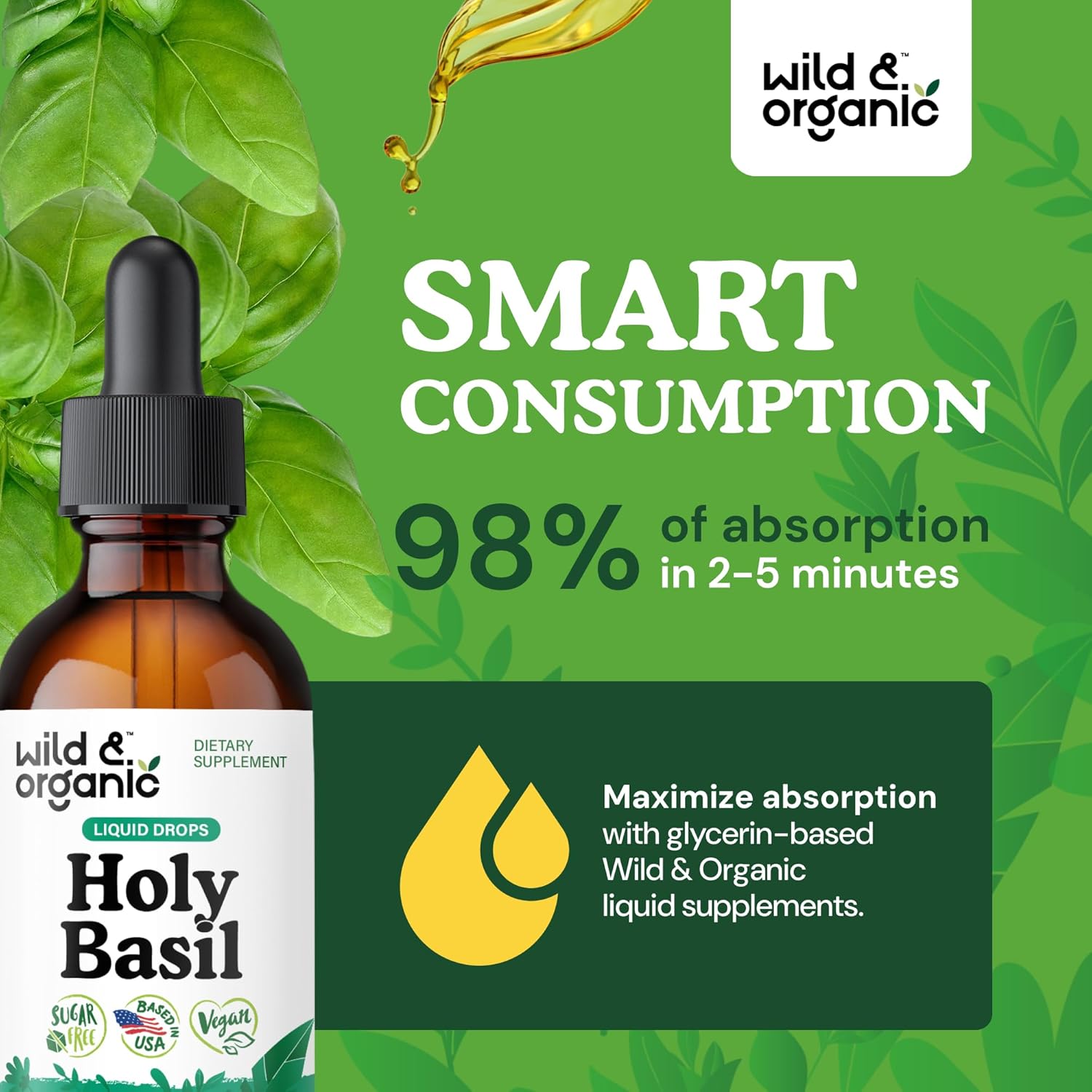 Wild & Organic Holy Basil Leaf Tincture - Relaxation, Calmness, Mood Support - Tulsi Holy Basil Supplement - Vegan, Sugar & Alcohol-Free Herb Extract Drops - 2 fl oz