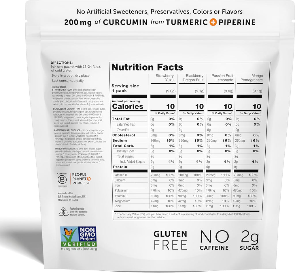 ZYN Electrolyte Drink Mix Hydration Packets, Electrolytes Powder, Hydration Packets w/Turmeric Curcumin, Vitamin C and D, Zinc, Hydrate Electrolyte Powder Packets for Wellness, Variety Pack of 8