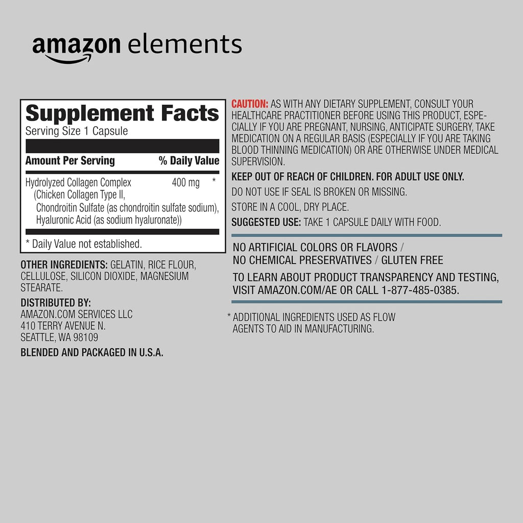 Amazon Elements Collagen Complex with Hyaluronic Acid, 90 Capsules, 3 Month Supply