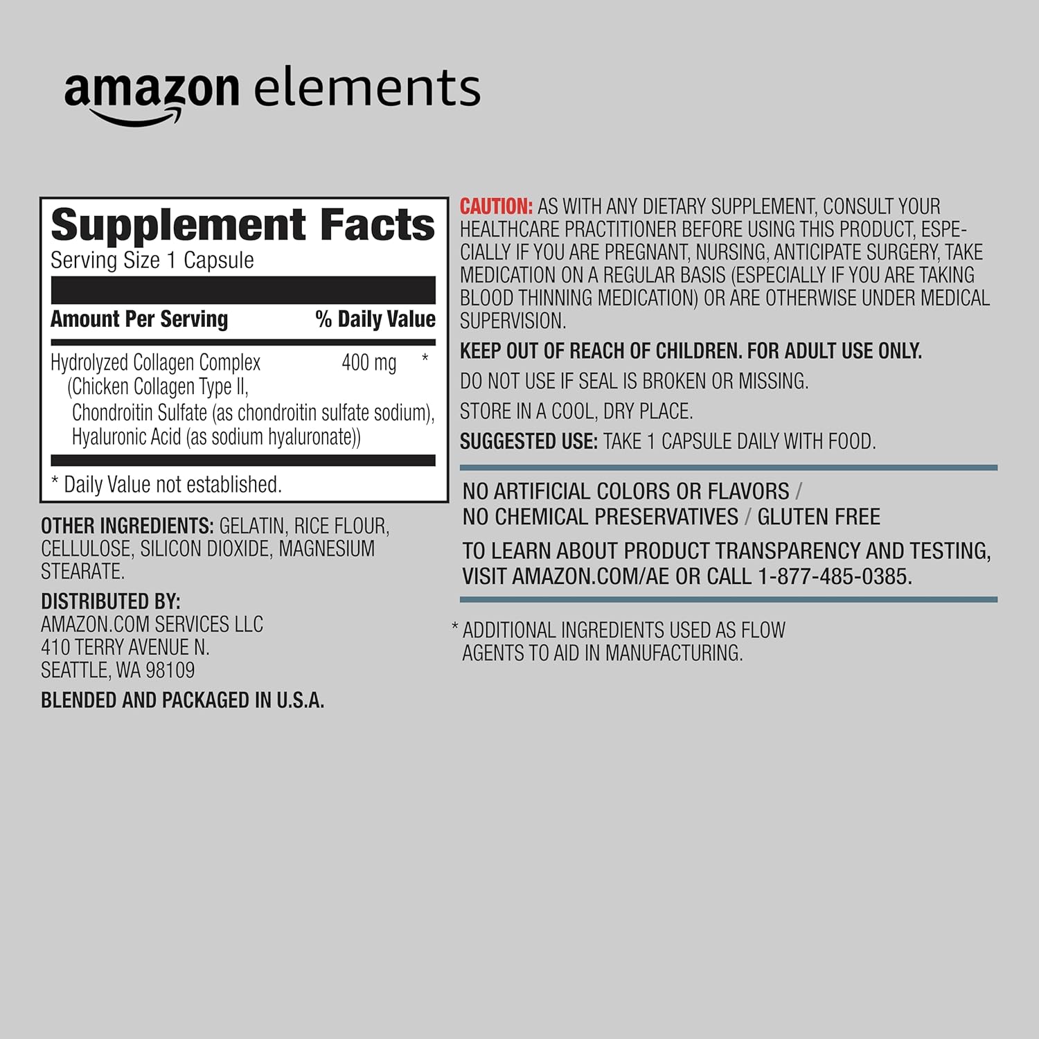 Amazon Elements Collagen Complex with Hyaluronic Acid, 90 Capsules, 3 Month Supply