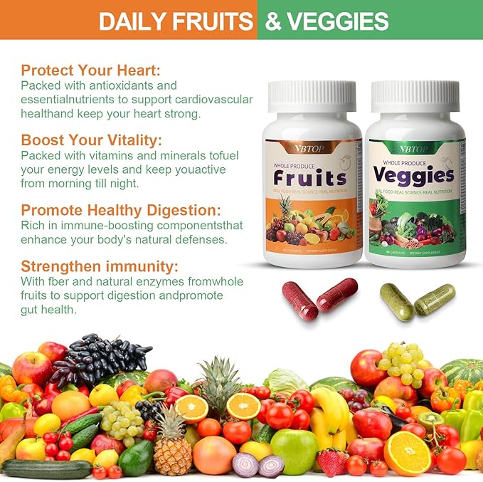 Fruit & Vegetable Supplement - Natural Ingredients - 2 Bottles - 180 Capsules Total | A Blend of 20+19 Natural Whole Fruits & Vegetables, a Fresh superfood Formula Rich in Vitamins and Minerals
