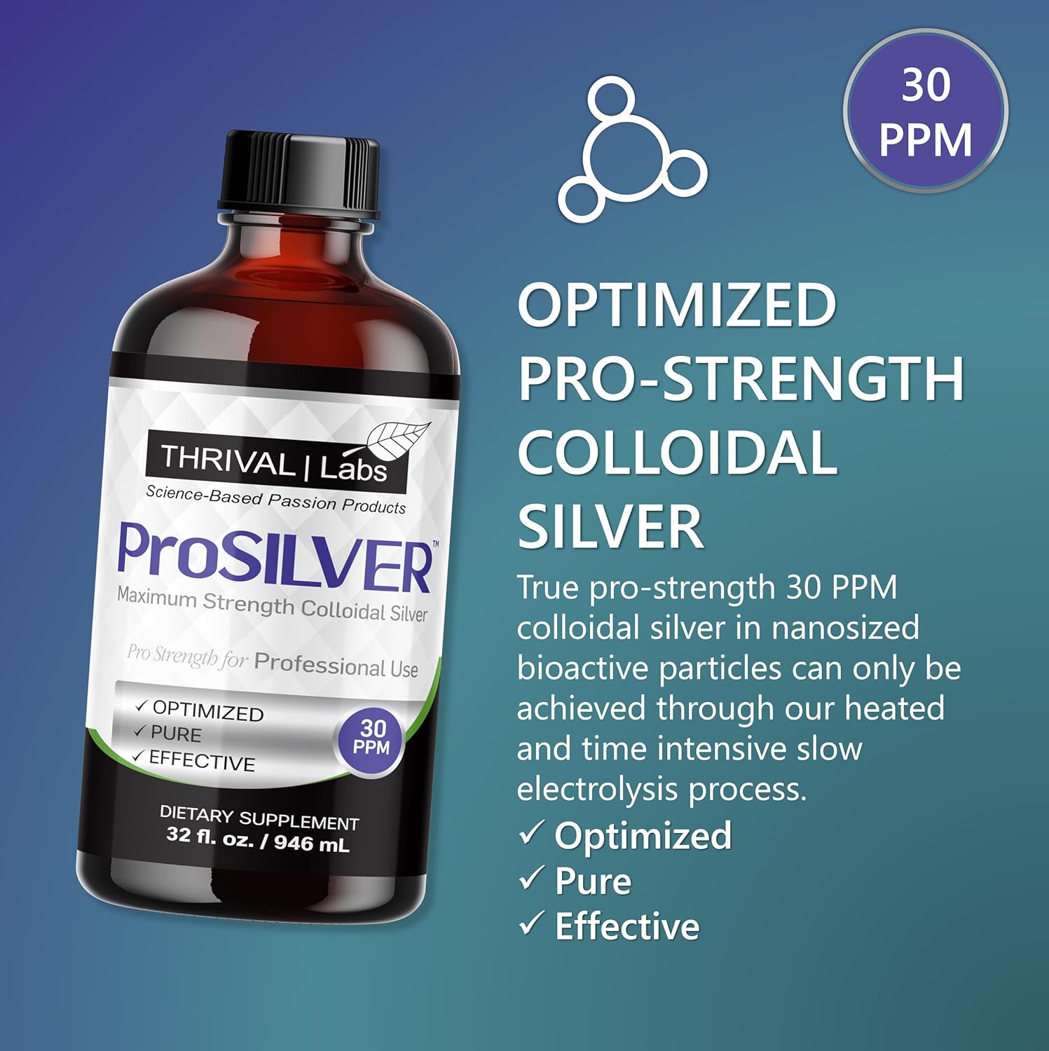 ProSILVER Black Label Pro-Strength Colloidal Silver for Immune Support, 30 PPM Maximum Strength for Professional Use, Dark Glass Bottle - Thrival Labs (32oz)