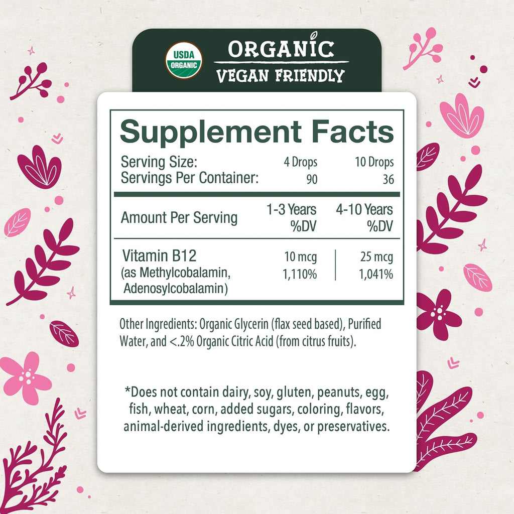 LiveWise Naturals Vitamin B12 Liquid Drops for Kids | Toddlers and Children I Methylcobalamin and Adenosylcobalamin | USDA Organic I Vegan | Non-GMO | Gluten Free | Low Dose