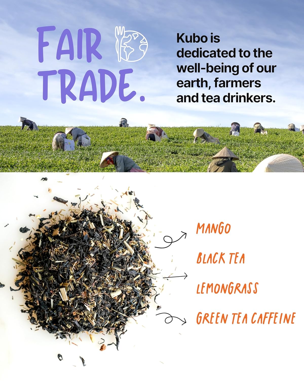 Kubo Tea Lemon Mango Black Tea - Organic High Caffeine Energy Blend - 20 Pyramid Tea Bags (155mg Caffeine each) - Healthy Sugar Free Coffee Substitute for Hot and Iced Drinks - Biodegradable Packaging