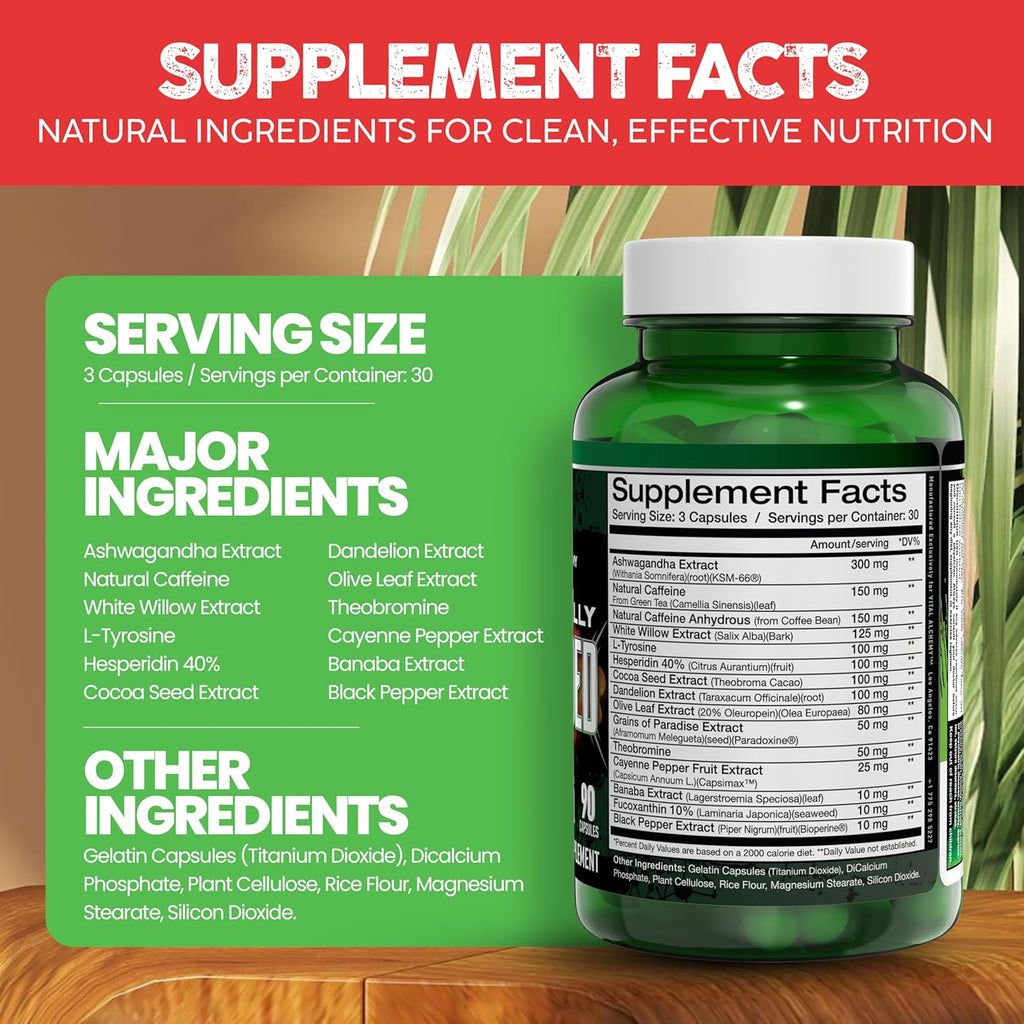 Vital Alchemy Naturally Shredded Ashwagandha Supplement for Men & Women with KSM-66, Theobromine, Dandelion, L-Tyrosine, Caffeine – Supports Mood, Cortisol, Keto & Weight Management – All-in-One