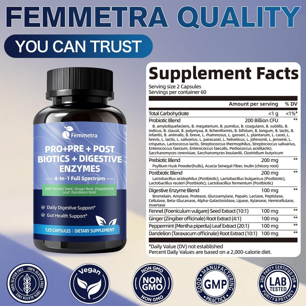 Digestive Enzymes Postbiotics Prebiotics Probiotics for Women & Men, 200 Billion CFU 36 Probiotic Strains + Psyllium Husk - Supports Gut, Digestive, Regularity, Gas, Bloating & Immune, Vegan, 60 Days