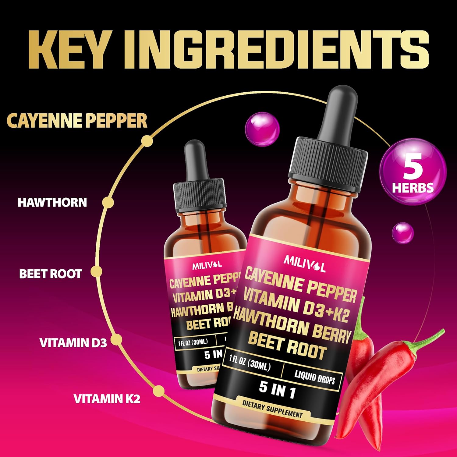 5in1 Cayenne Pepper Liquid Drops with Vitamin D3, Vitamin K2, Hawthorn Berry and Beet Root - Digestion Support - 1 FL Oz - 60 Days Supply