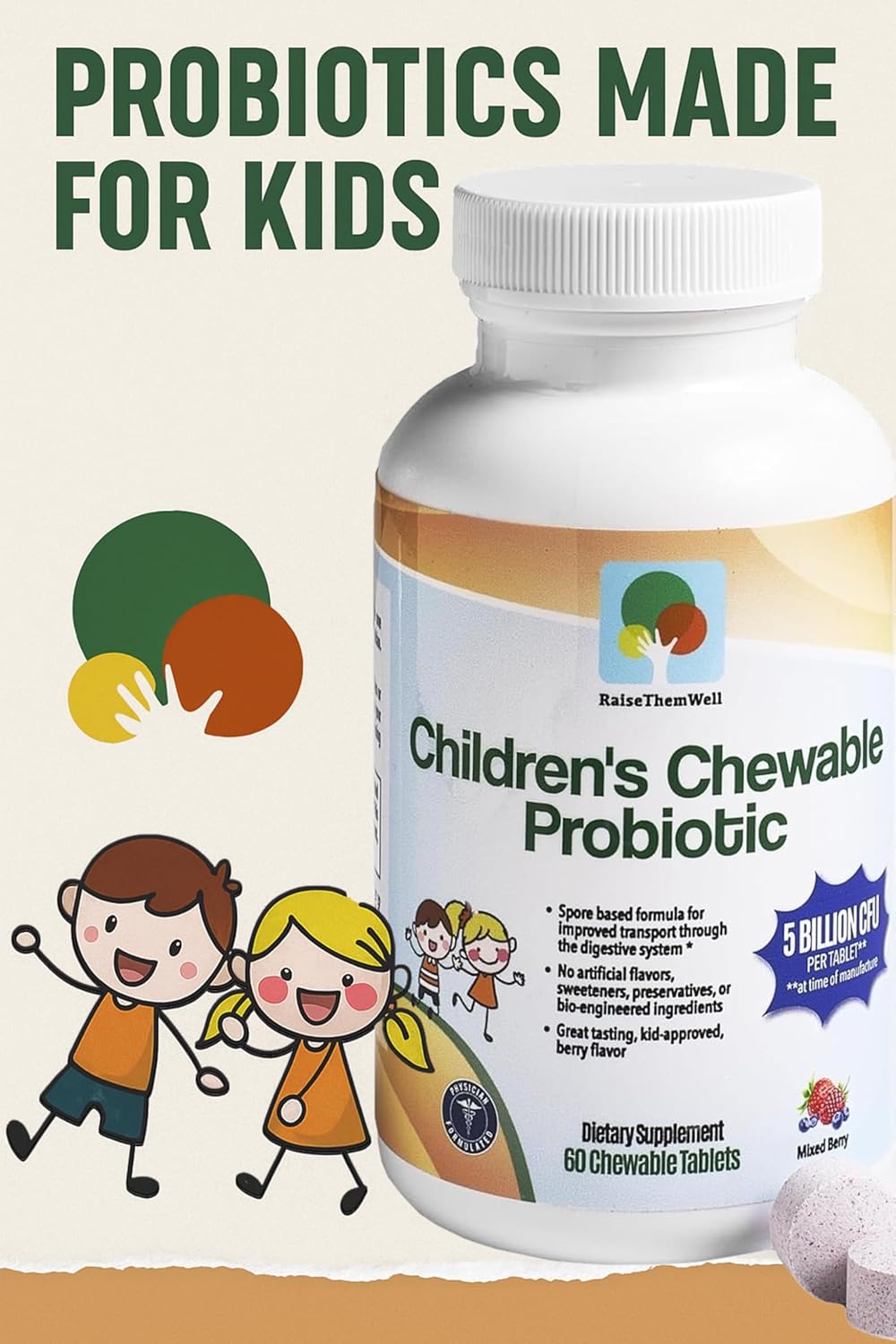 Children’s Probiotic, Chewable Gut Health Tablets for Kids, Supports Digestion, Immunity & Nutrient Absorption, No Artificial Additives, Mixed Berry, 60 Servings