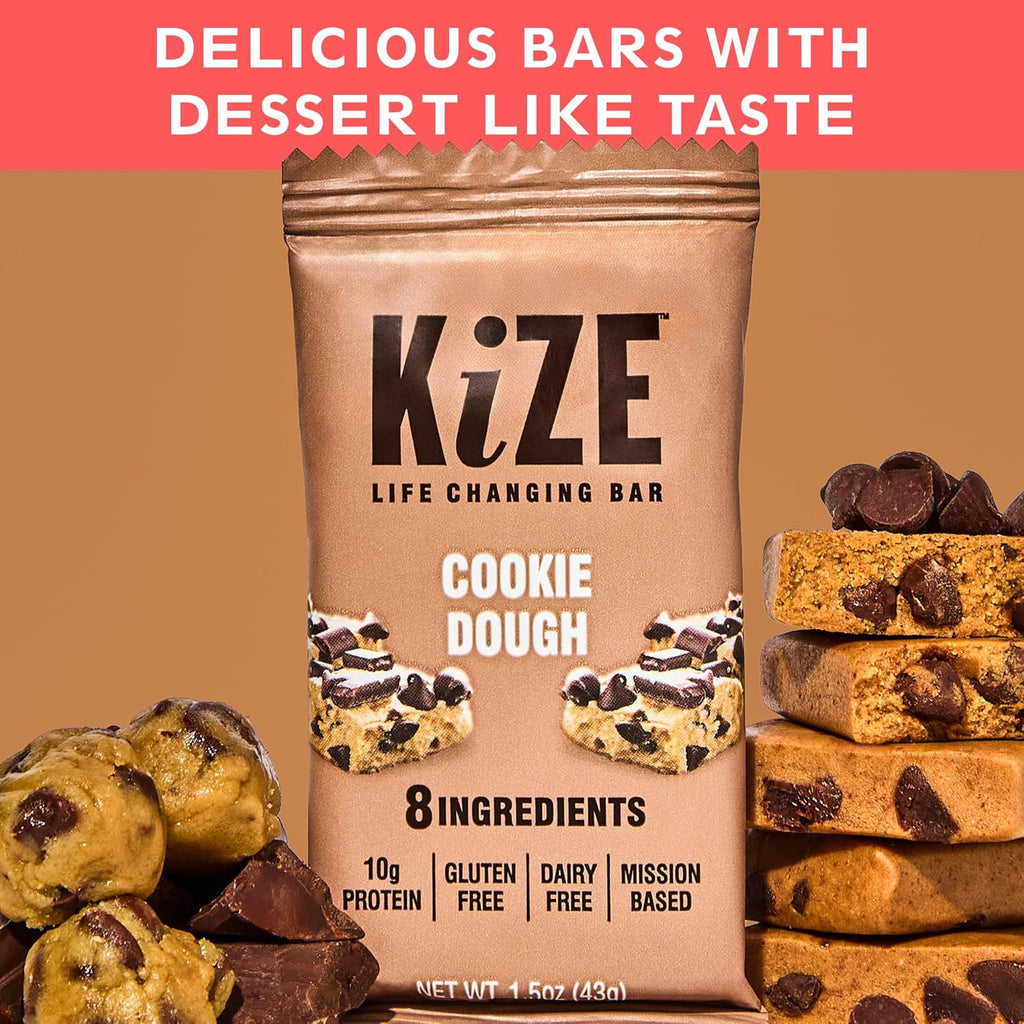 KiZE Energy Bars - Cookie Dough - 30-Count - Gluten Free, Dairy Free, Non-GMO, and High Protein Meal Replacement Energy Bars, Clean and Simple Food Ingredients - 10g High Protein Snacks (30 Count)