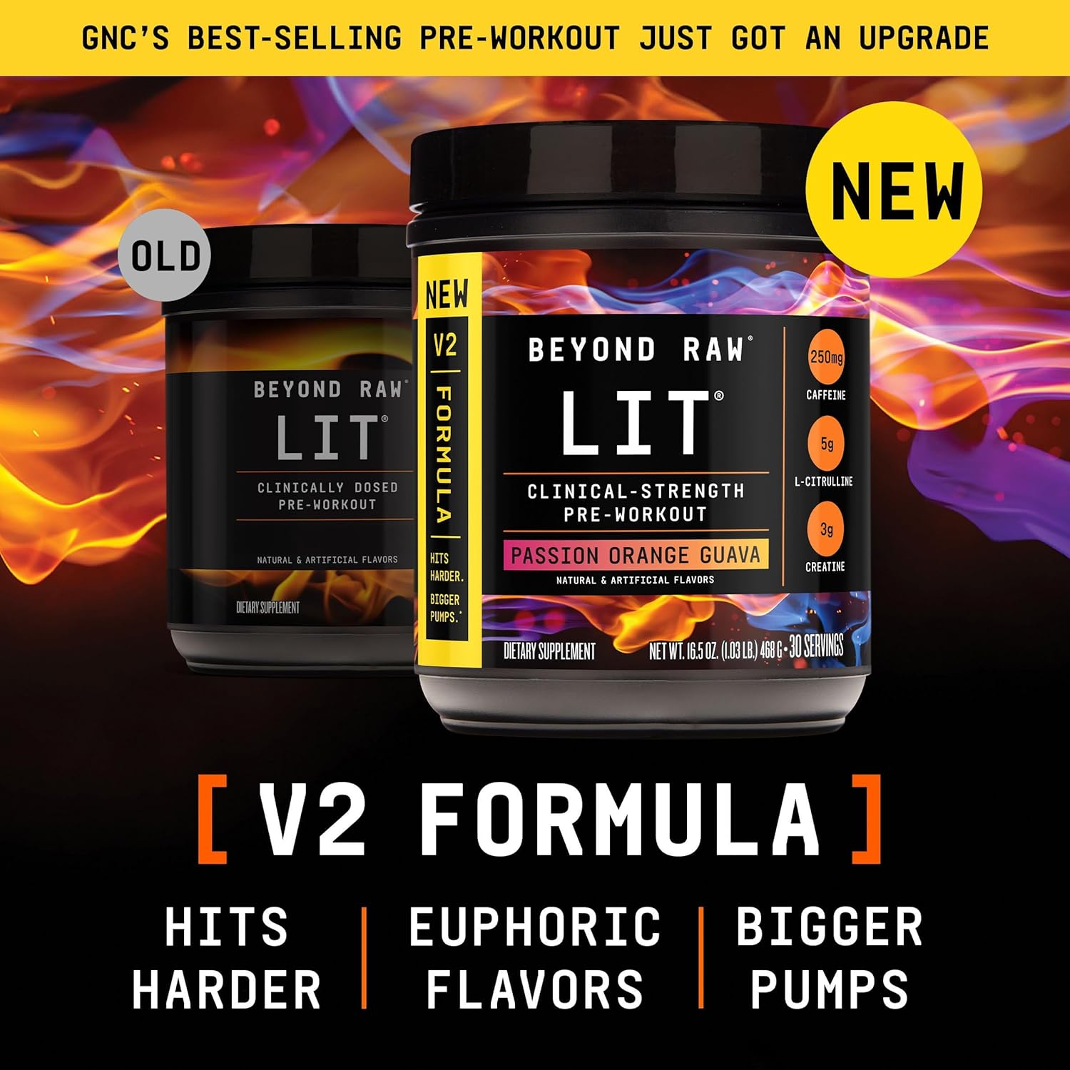BEYOND RAW LIT V2 Clinical Strength Pre Workout Powder, Hits Harder, Bigger Pumps, Caffeine, L-Citrulline, Creatine, Passion Orange Guava, 30 Servings