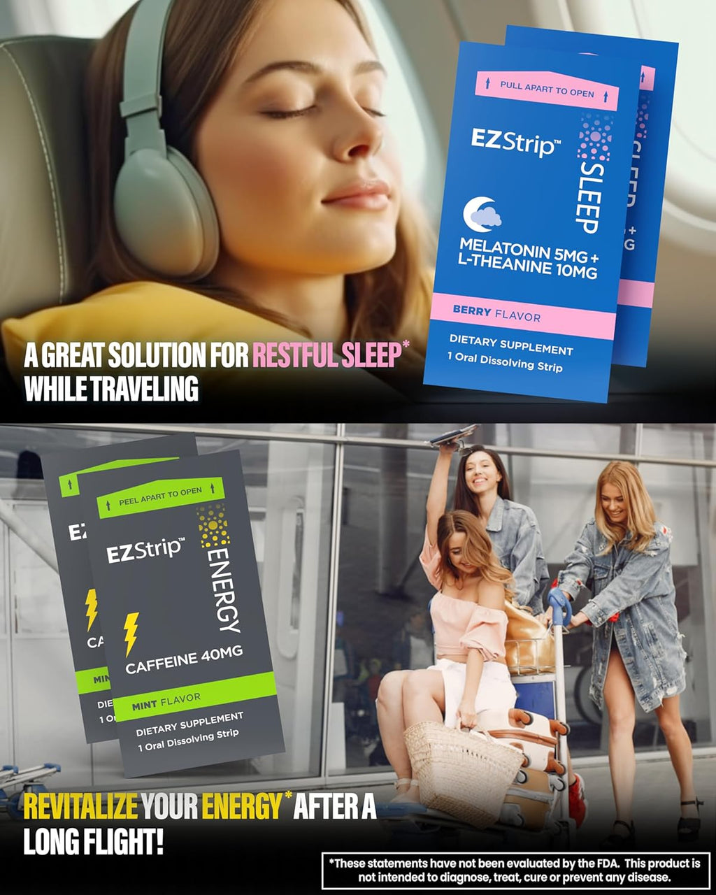 Travel Pack with Energy & Sleep Supplements - 30 Count - Portable Pack with Caffeine Strips for Energy and Melatonin Strips for Sleep Support During Travel - Made in USA, Sugar & Gluten Free