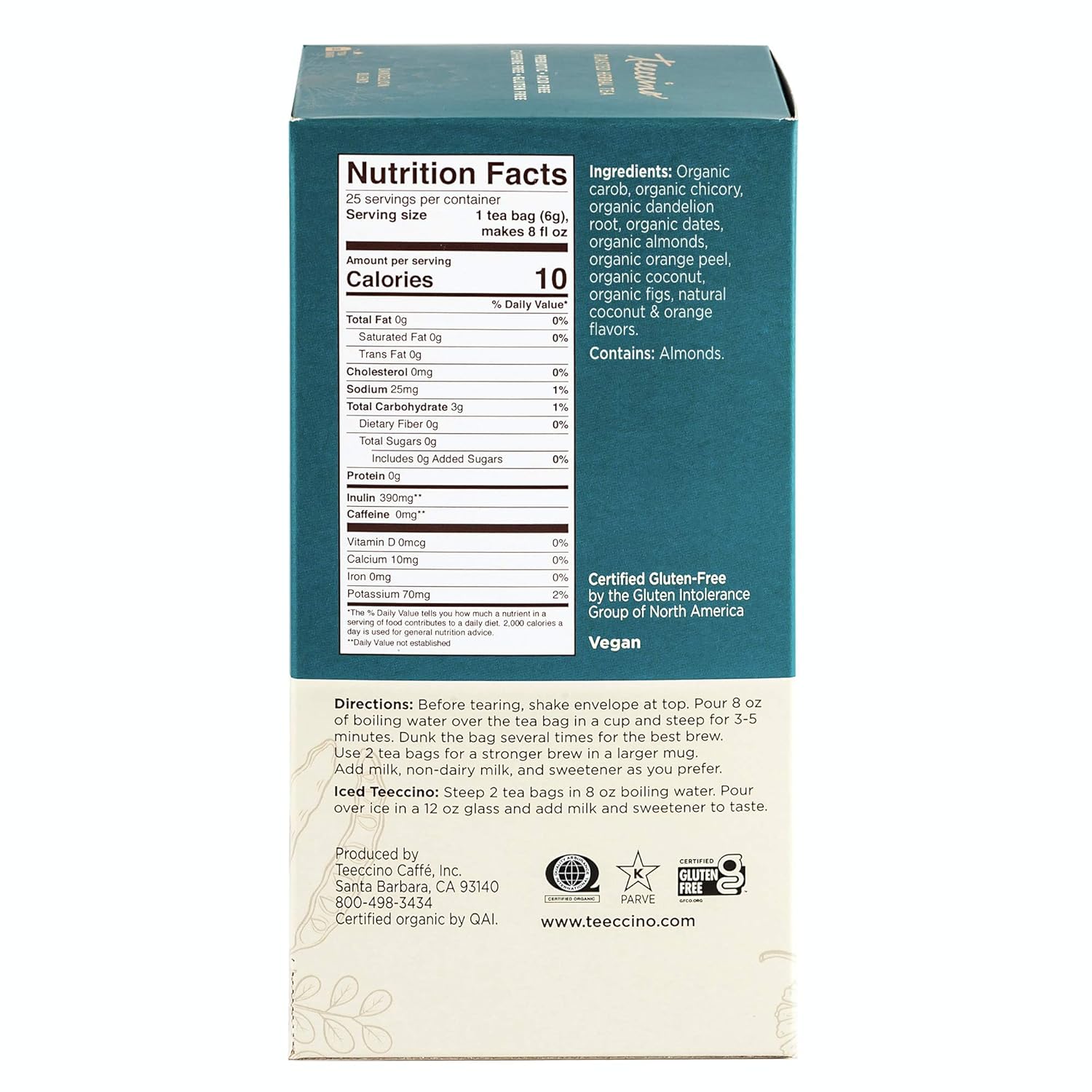 Teeccino Dandelion Coconut Tea - Caffeine Free, Roasted Herbal Tea with Prebiotics, 3x More Herbs than Regular Tea Bags, Gluten Free - 25 Tea Bags