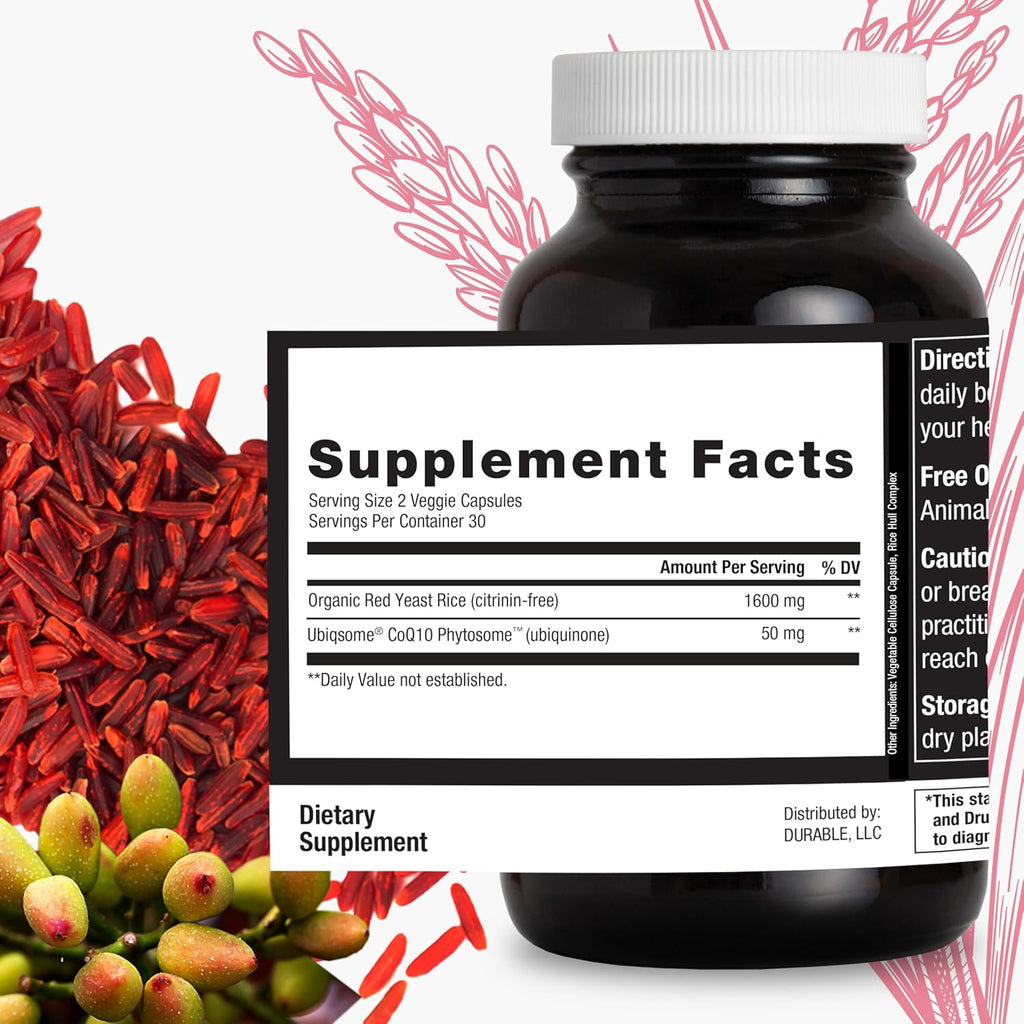 Durable RED Yeast Rice – Organic 1,600 mg Extra Strength + CoQ10 Phytosome – Supports Healthy Cholesterol, Heart, Lipids & Circulation – Doctor Formulated, Non-GMO, Vegan, Made in USA (180 Capsules)