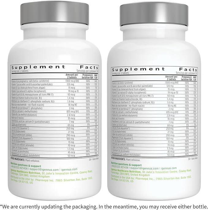 Igennus Methylated Prenatal Multivitamin for Women, Folate for MTHFR, High Absorption, Pure & Clean, Gentle Iron, Choline, Calcium & Magnesium, Vegan Pregnancy Vitamins, Halal, Non-GMO, 60 Tablets