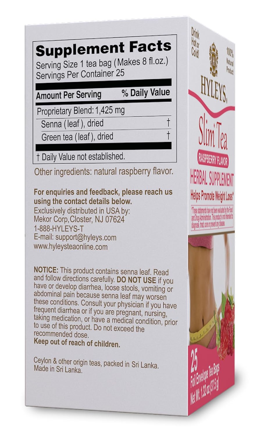 Hyleys Slim Tea Raspberry Flavor - Weight Loss Herbal Supplement Cleanse and Detox - 25 Tea Bags (6 Pack)
