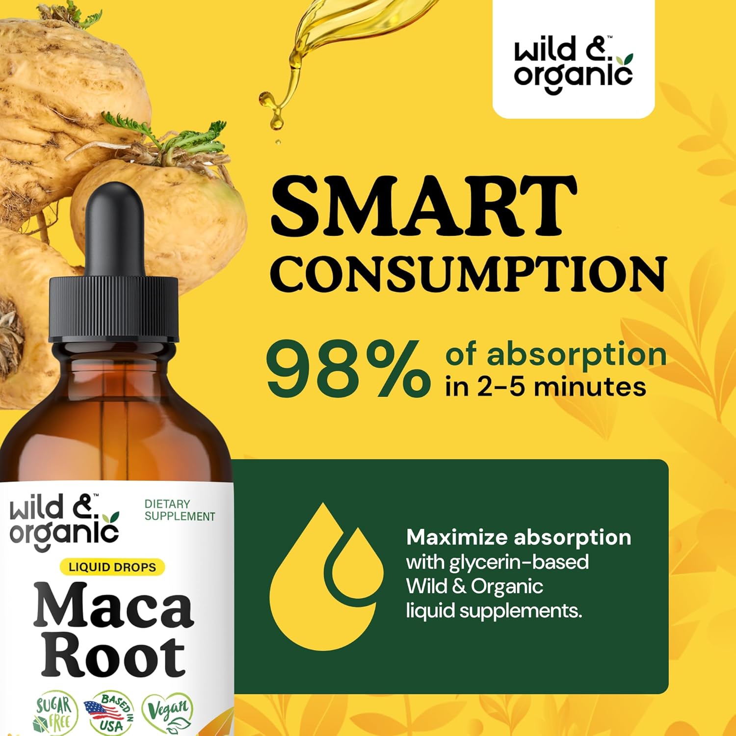 Wild & Organic Maca Root Liquid Drops for Men & Women - Peruvian Maca Tincture for Overall Support - Vegan, Sugar & Alcohol-Free Supplement - 4 fl oz