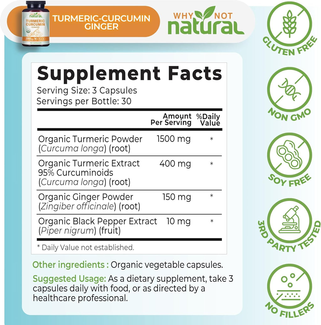 Organic Turmeric Curcumin Supplement in Capsules with Ginger and Black Pepper - Tumeric