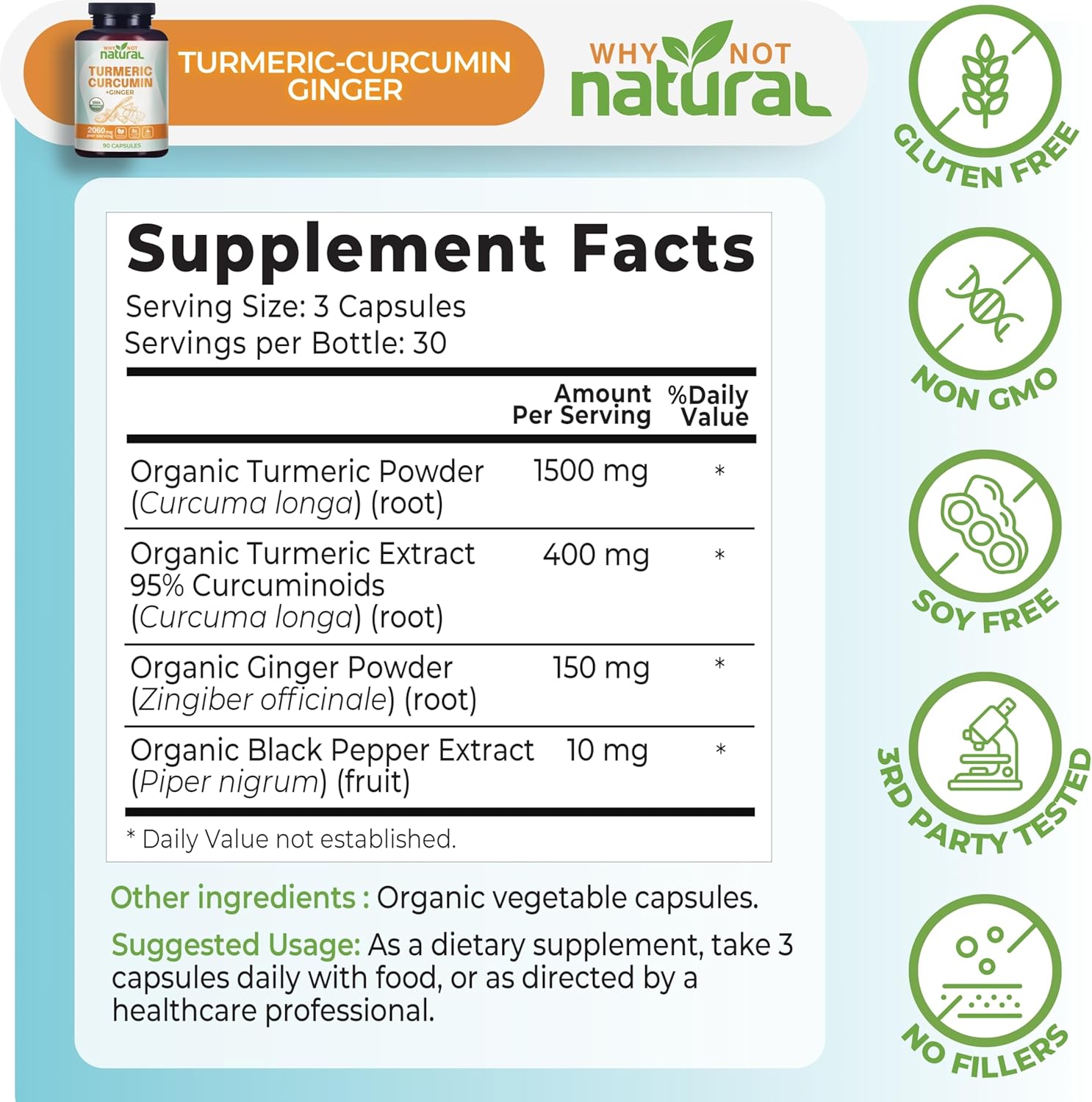 Organic Turmeric Curcumin Supplement in Capsules with Ginger and Black Pepper - Tumeric