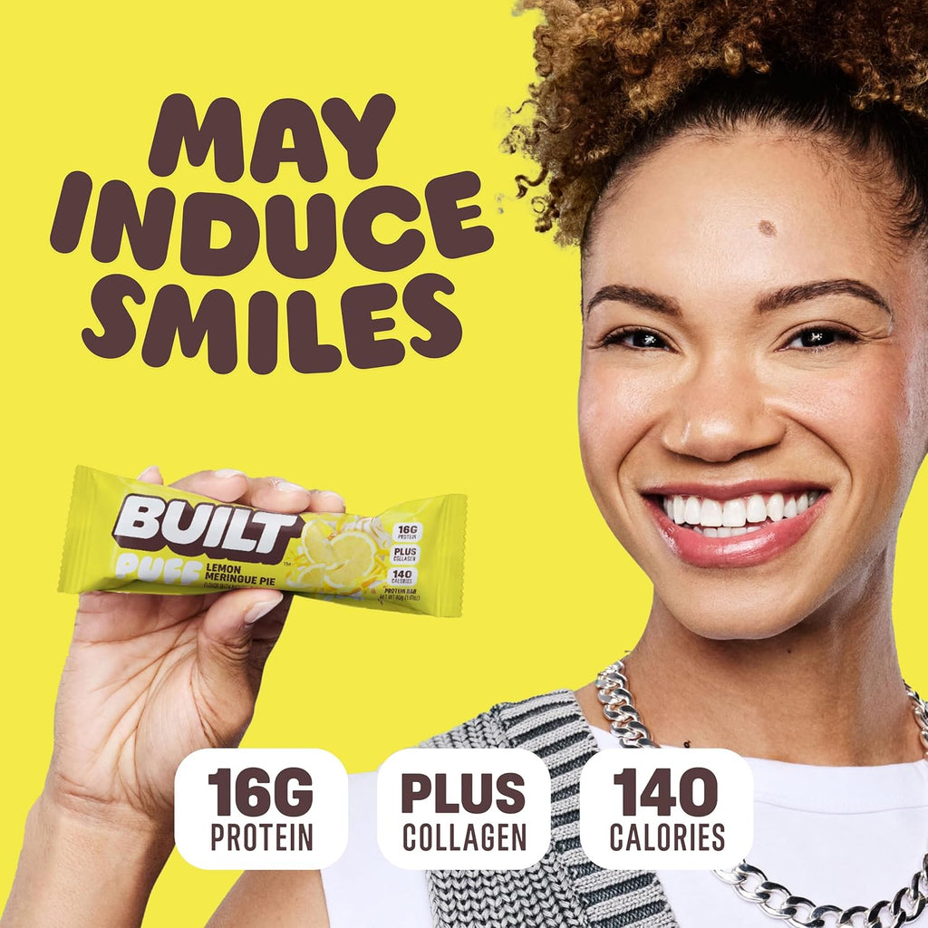 Built Bar Puff Protein Bars, Lemon Meringue Pie, Collagen, On-the-go Snacks, Gluten Free, 12 Pack