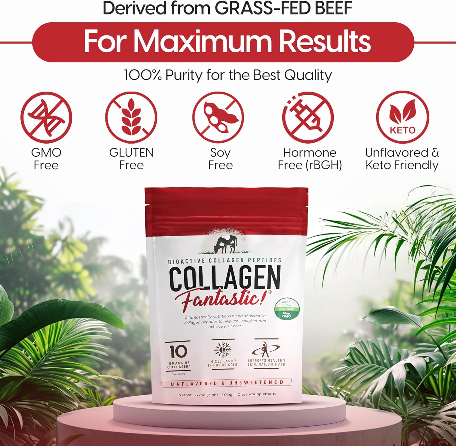 Collagen Peptides Powder Unflavored 2.2lb – Grass-Fed Bovine Protein for Joints, Bones & Skin – Type I & III Hydrolyzed Collagen – Gluten-Free, Non-GMO & Soy-Free – 90 Servings