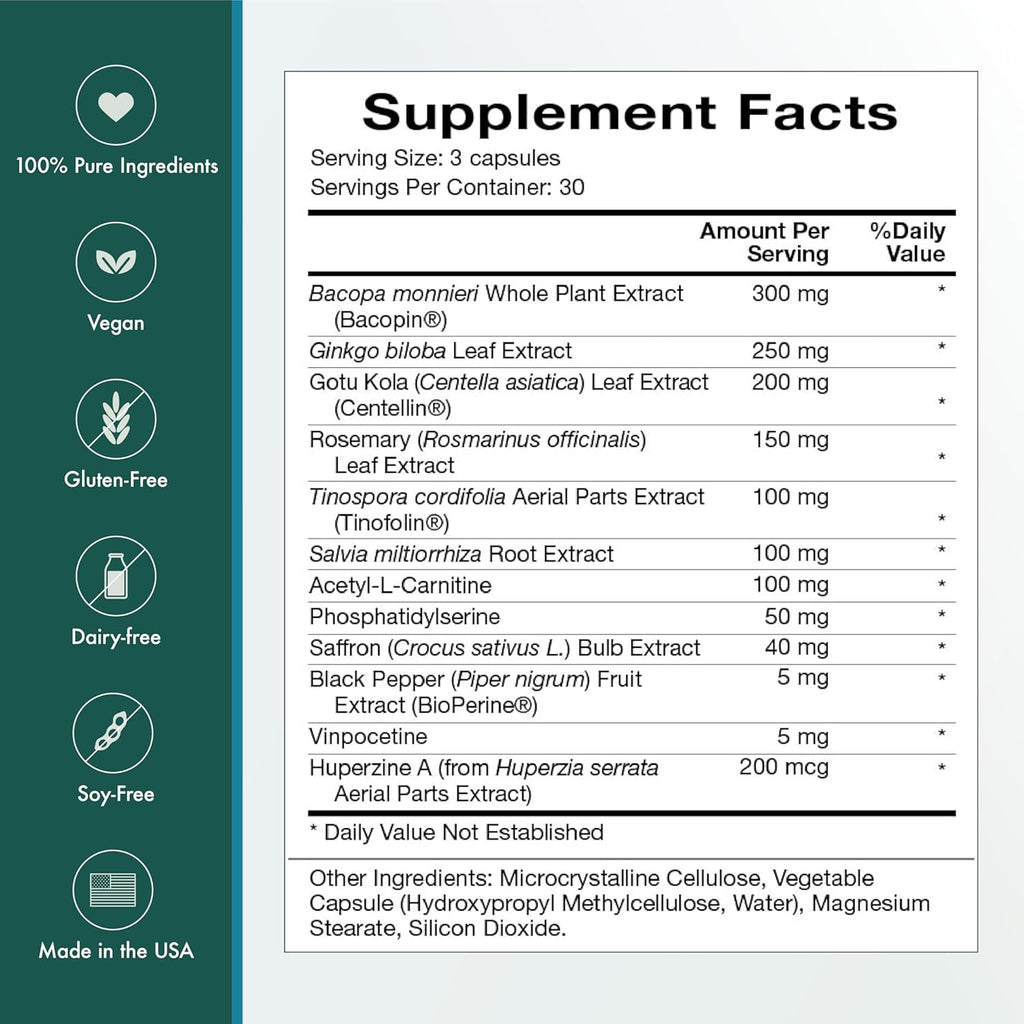 Natura Health Products Vibrant Mind - Nootropic Brain Supplement for Memory and Focus* - Featuring Bacopa, Ginkgo Biloba, Centellin & Phosphatidylserine -Caffeine Free (90 Capsules)