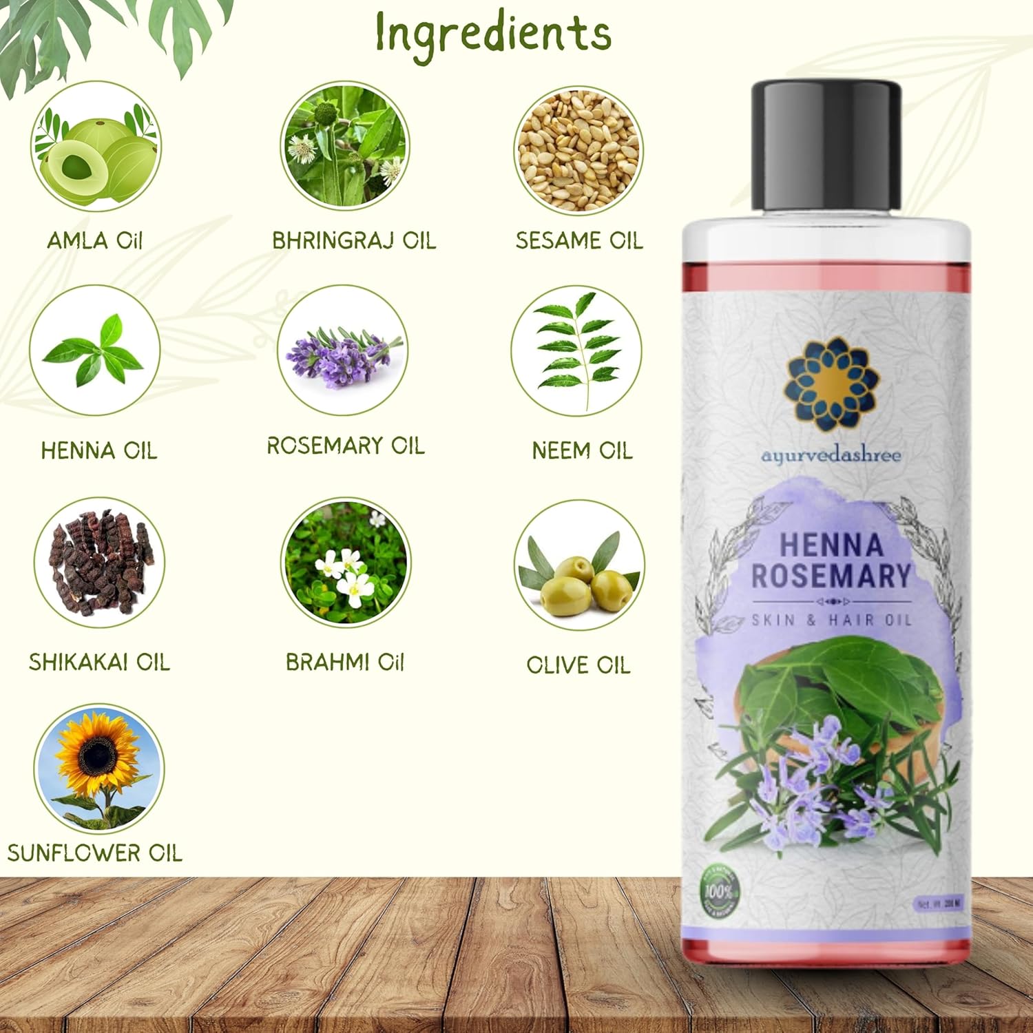 Henna Rosemary Hair Oil 200 ml, 6.76 fl oz with Neem, Shikakai, Bhringraj, Amla, Brahmi, Sesame, Olive & Sunflower Oils