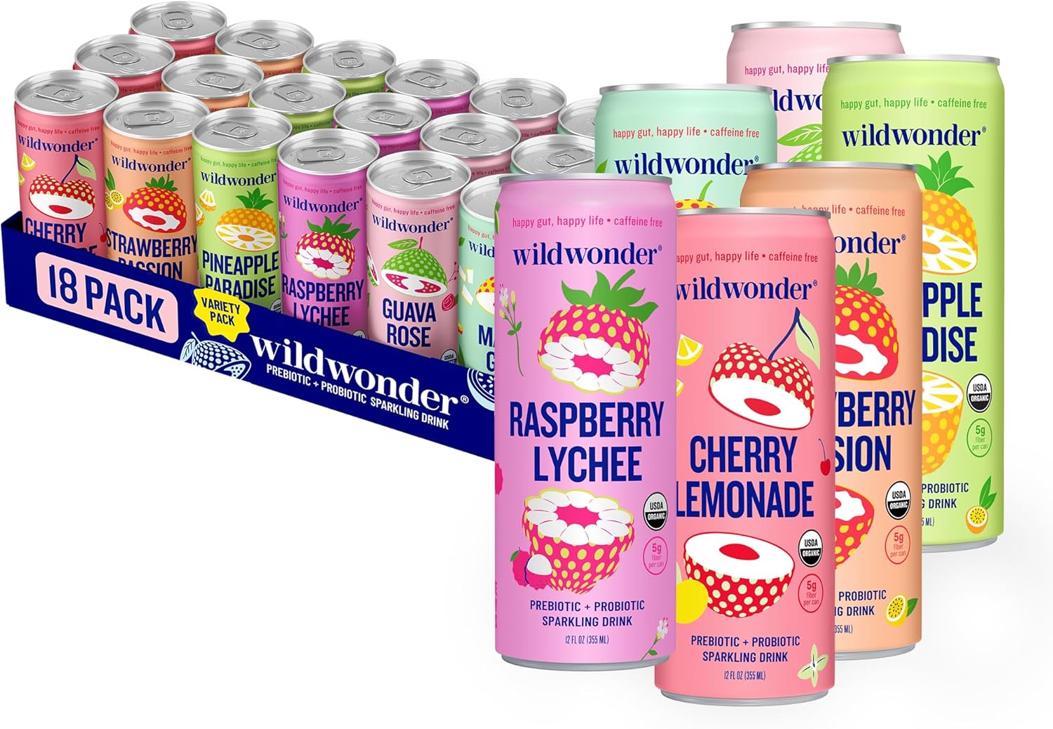 wildwonder Sparkling Probiotic Juice Drink 18pk, w/Gut Health & Immunity Support, 5g Prebiotic Fiber, Live Probiotics, Organic, Vegan, Low Sugar, Sampler Pack, 6 Flavors, Seen on Shark Tank