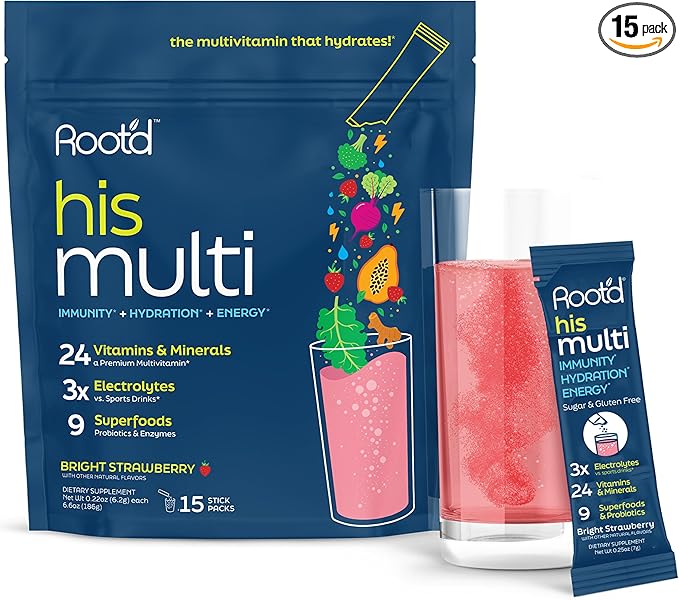 Root'd Multivitamin Powder for Men - 24 Vitamins & Minerals with 3X Electrolytes, 9 Organic Superfoods, Probiotics & Enzymes, Sugar-Free Multivitamin & Hydration | 15 Vitamin Drink Mix Packets