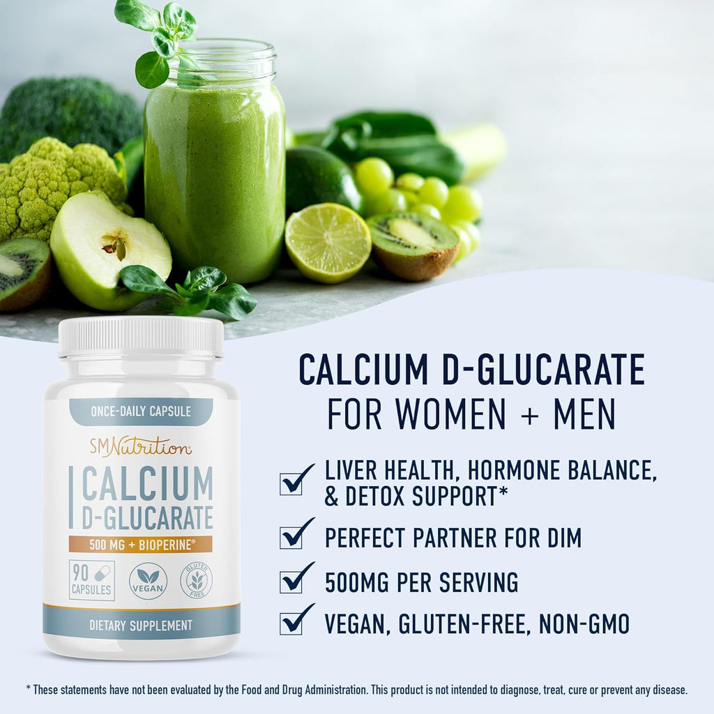 Calcium D-Glucarate | 500MG | CDG for Liver Detox and Cleanse, Hormone Balance, and Menopause Support | Calcium Supplement | Vegan, Non-GMO, Third-Party Tested | 90 Capsules (3-Month Supply)