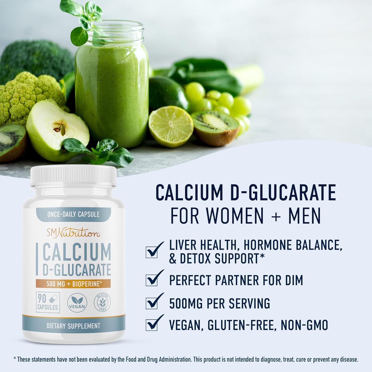 Calcium D-Glucarate | 500MG | CDG for Liver Detox and Cleanse, Hormone Balance, and Menopause Support | Calcium Supplement | Vegan, Non-GMO, Third-Party Tested | 90 Capsules (3-Month Supply)