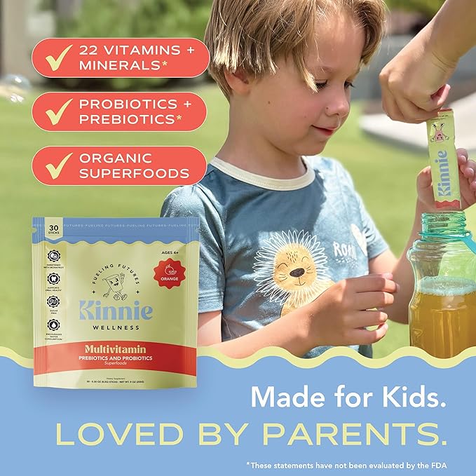 Kids Multivitamin with Pre/Probiotic & Organic Superfoods for Kids - 22+ Vitamins & Minerals - Sugar-Free Orange Flavor - Immune, Gut & Oral Health Support - Ages 4+ (30 Sticks)