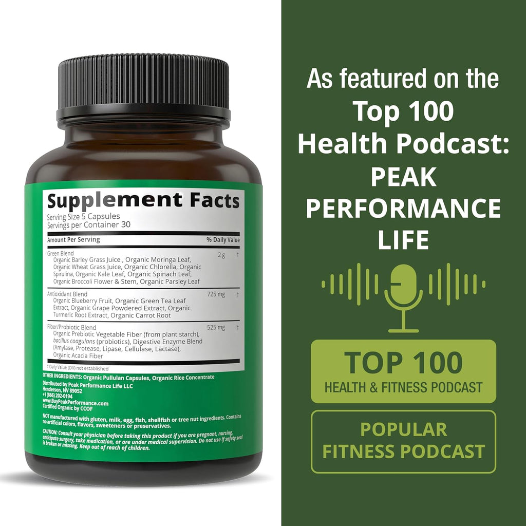 Organic Super Greens 150 Capsules - Green Juice Superfood Supplement with 25 All Natural Organic Ingredients. Max Energy and Detox Super Food Pills with Spirulina, Spinach, Kale, Turmeric, Probiotics