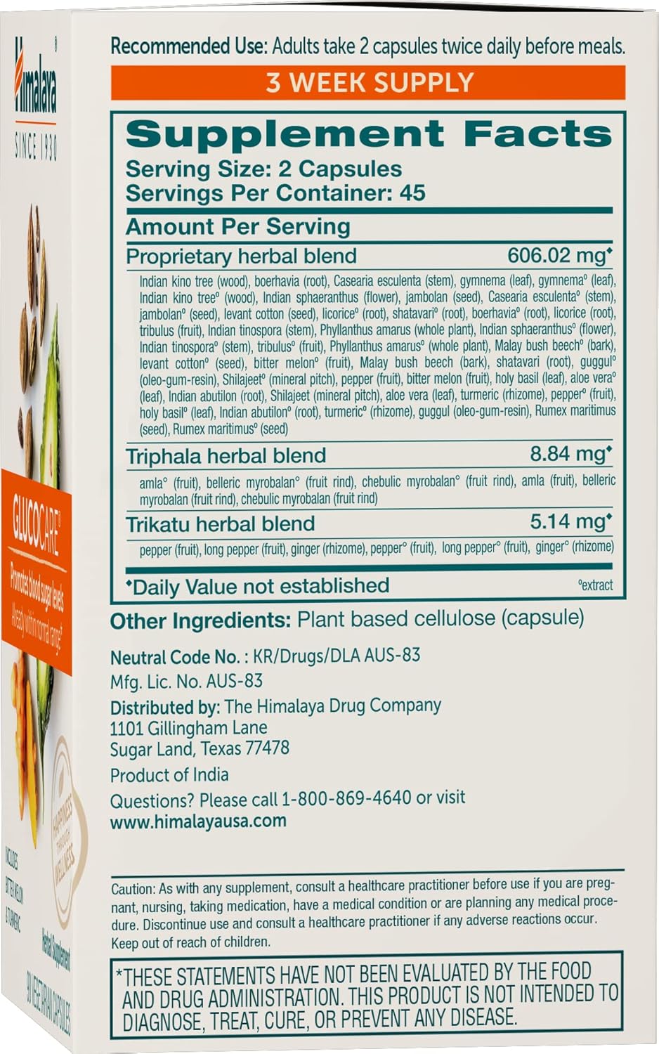 Himalaya GlucoCare, 3 Week Supply - Herbal Glucose Metabolism and Pancreatic Support with Triphala, Turmeric, Bitter Melon, and Gymnema - Vegan, Non-GMO, Gluten Free, 90 Capsules