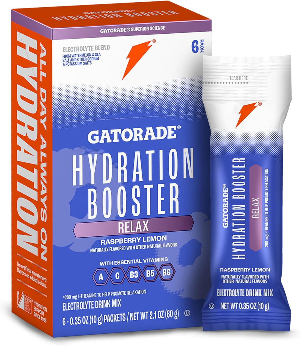 Gatorade Hydration Booster Electrolyte Drink Mix Powder Packets, Relax and Unwind, Raspberry Lemon, Makes 20 Fl Oz (6 Pack)