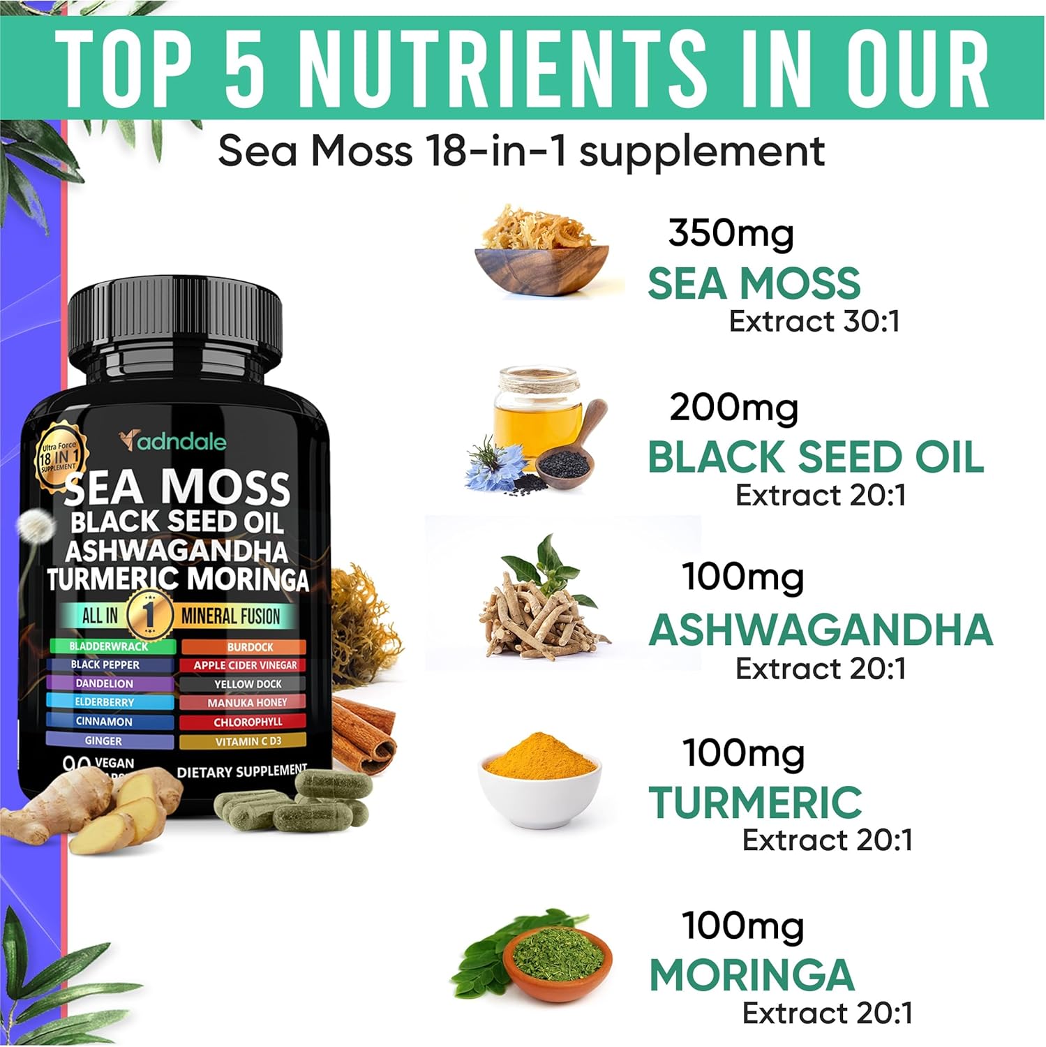 Adndale Sea Moss Black Seed Oil Ashwagandha Ginger Capsules. Sea Moss Capsules with Black Seed Oil, Ashwagandha, Turmeric, Moringa, Bladderwrack, Burdock Root, Manuka Honey, Cinnamon