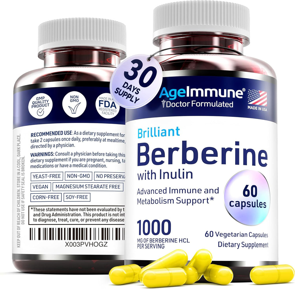 Berberine 1000mg Supplement Complex with Inulin Prebiotic - Each Capsule Contains Berberine 500mg - Doctor Formulated Supplements for High Absorption.