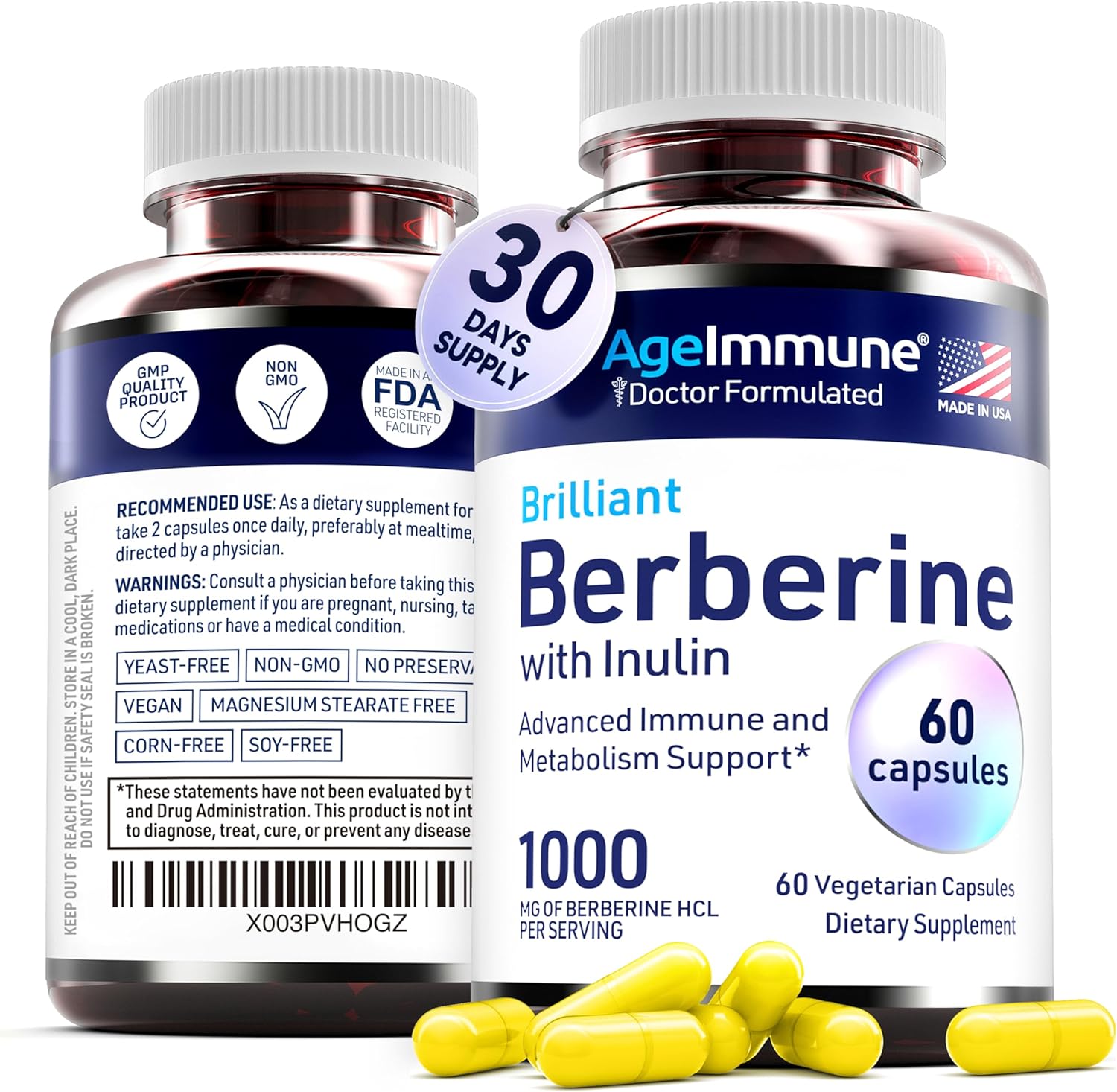 Berberine 1000mg Supplement Complex with Inulin Prebiotic - Each Capsule Contains Berberine 500mg - Doctor Formulated Supplements for High Absorption.
